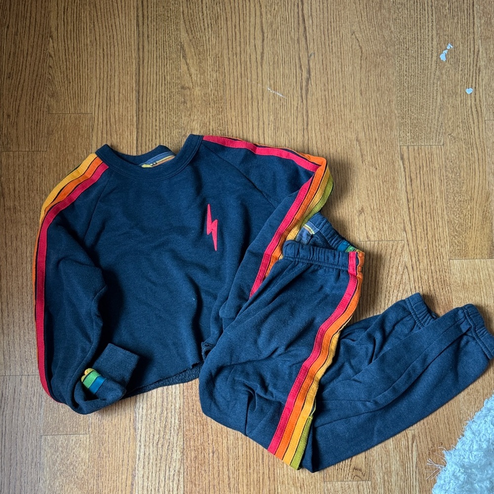 Aviator Nation women’s black cropped crew and sweatpants with Rainbow Stripes